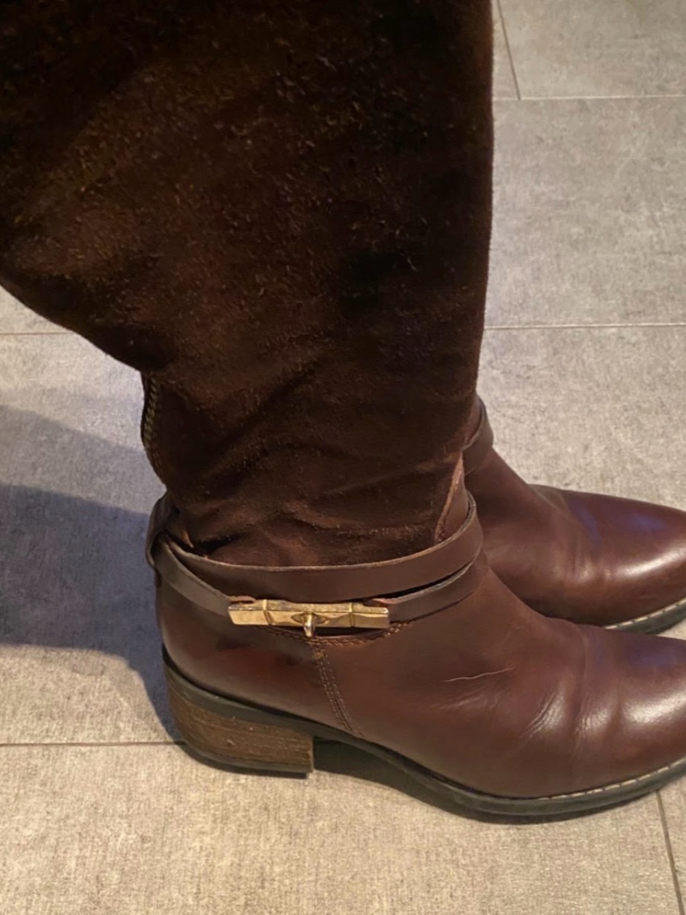 Brown Leather & Suede Riding Boots with Gold Accent